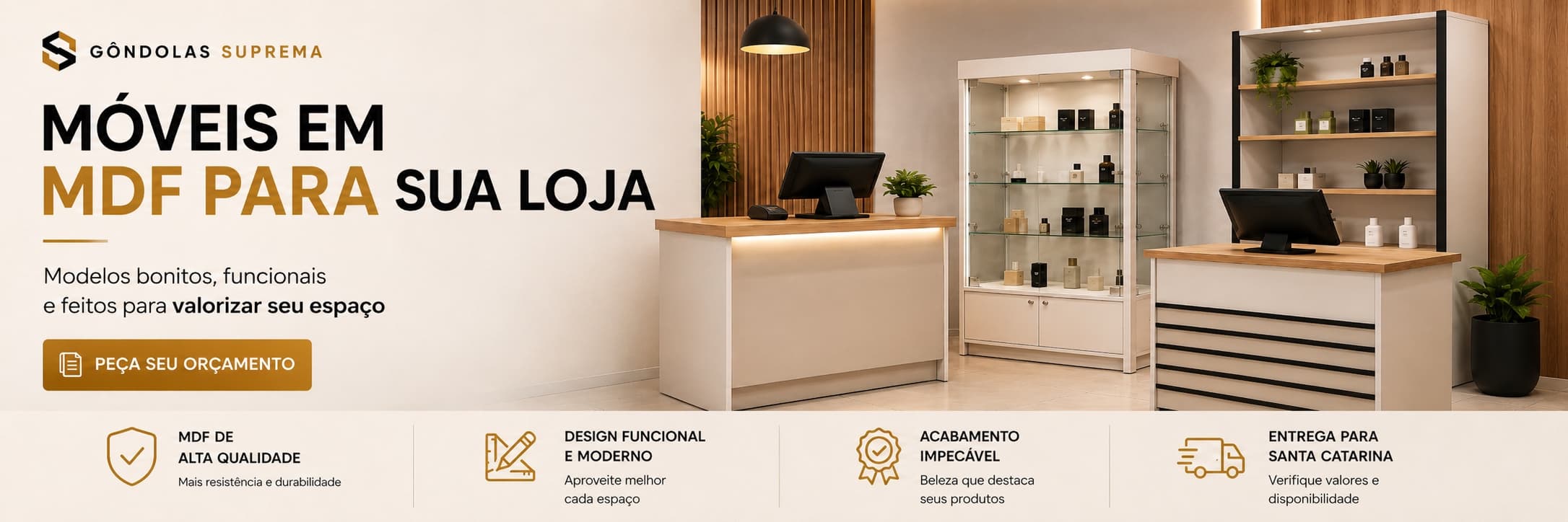 Móveis em MDF para sua loja — balcões, expositores e vitrines com acabamento premium. Peça seu orçamento.