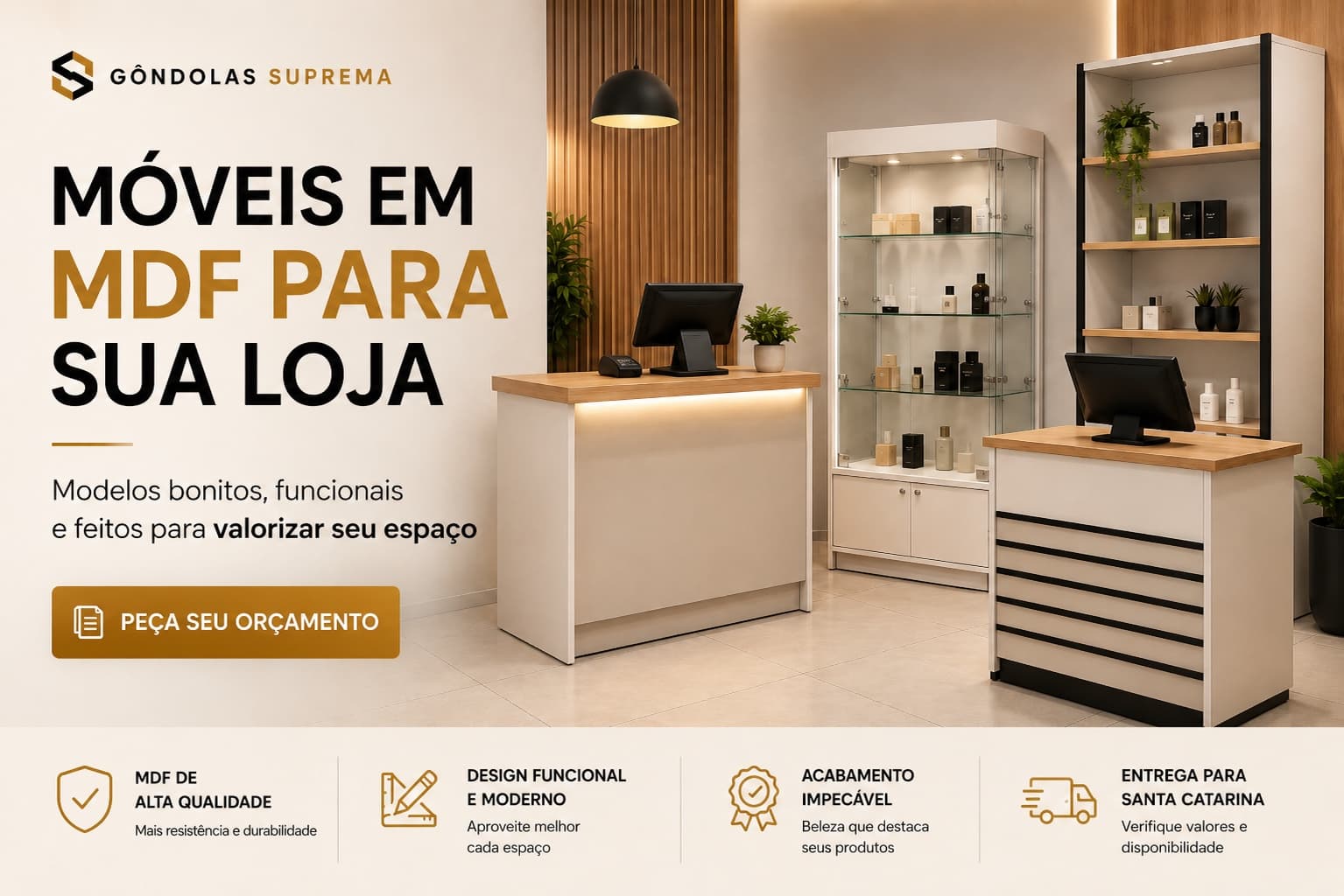 Móveis em MDF para sua loja — balcões, expositores e vitrines com acabamento premium. Peça seu orçamento.